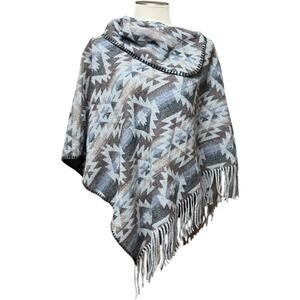 Aztec Print Poncho Fringe Tassel Gray Brown Blue Black OSFM